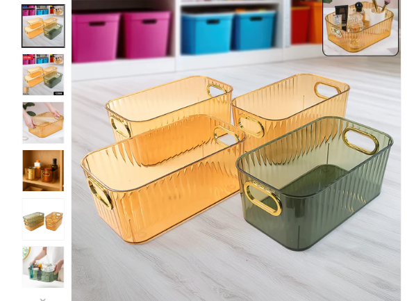Premium Ribbed Transparent Storage Basket with Gold Handle – Multipurpose Kitchen &amp; Home Organizer Box (25x14cm / 4 Pc)
